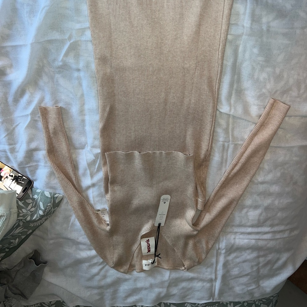 Beige Ribbed Long Sleeve Top and Skirt
